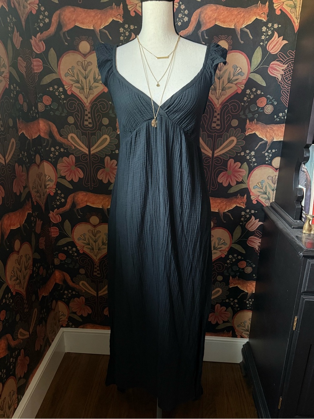 Magaschoni Black Organic Cotton Gauze Maxi Dress Size XS Ruffles
